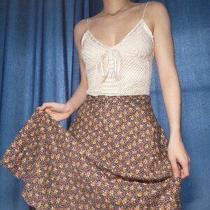 70s brown dainty floral midi wrap skirt  ✦ vintage cottage cotton circle skirt ✦